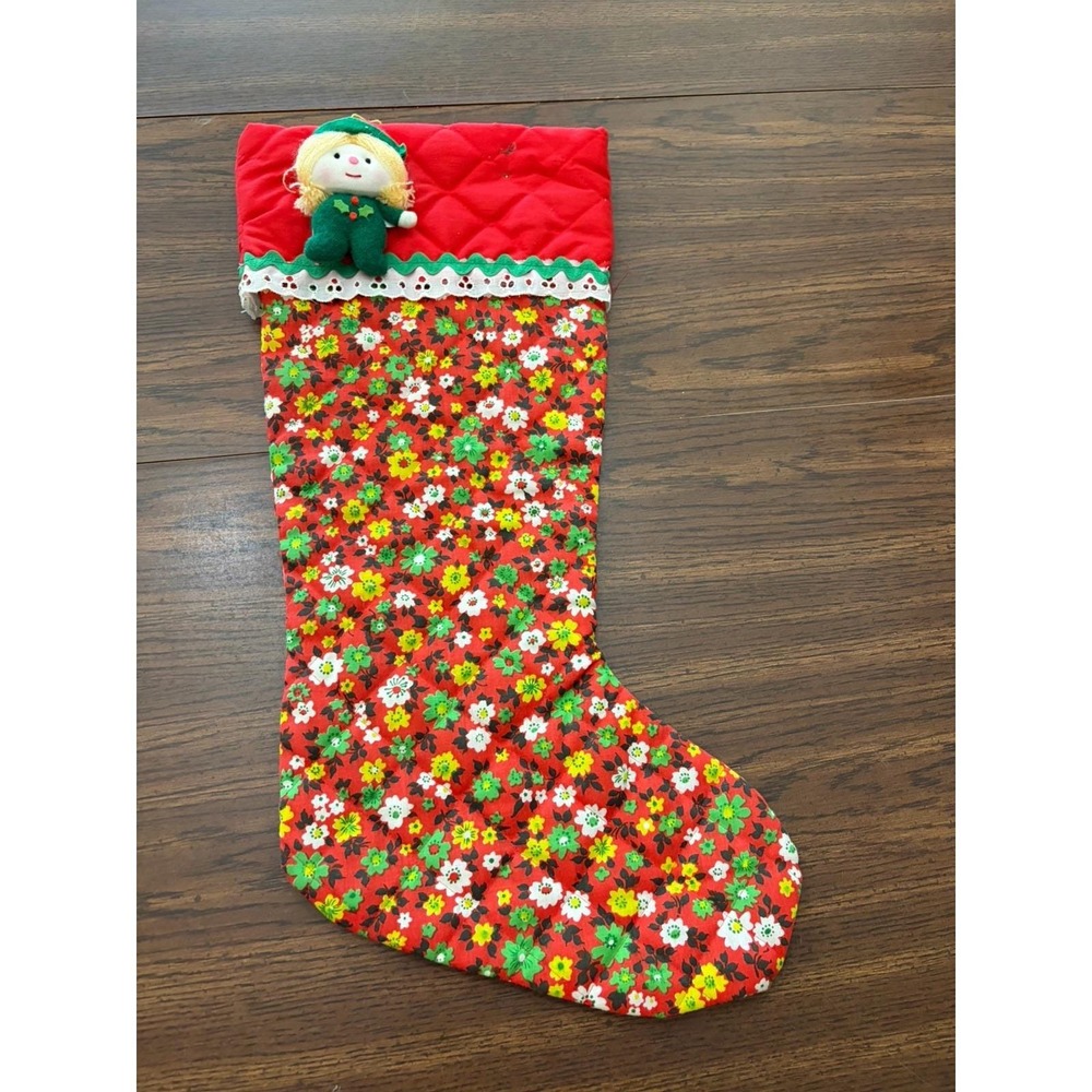 Vintage Handmade Christmas Stocking Floral Calico Quilted Elf Doll